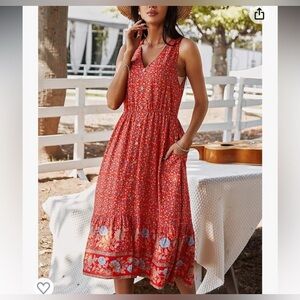 Temofon Red Floral Sleeveless Dress Cottagecore Boho Sleeveless Dress Size XL